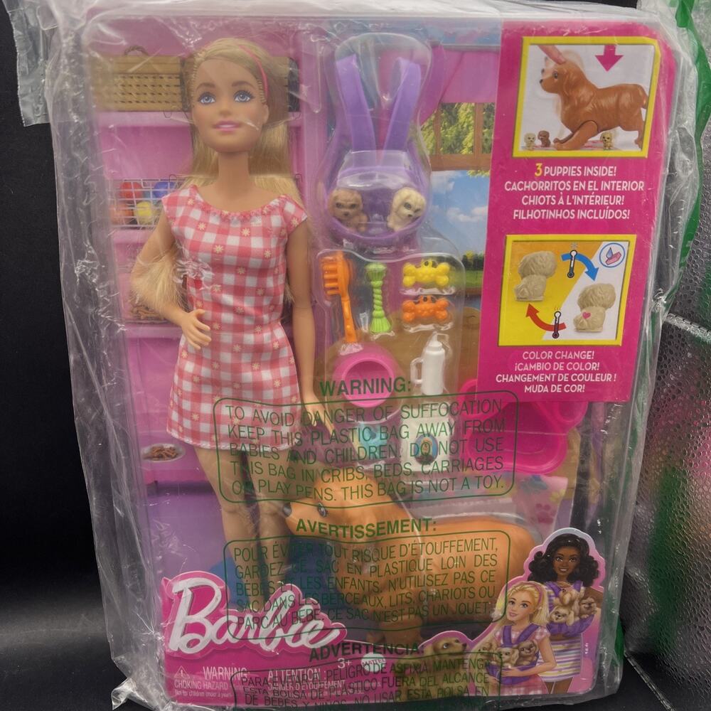 Barbie Doll and Newborn Pups Playset (11.5" Blonde) Mommy Dog 3 Puppies READ